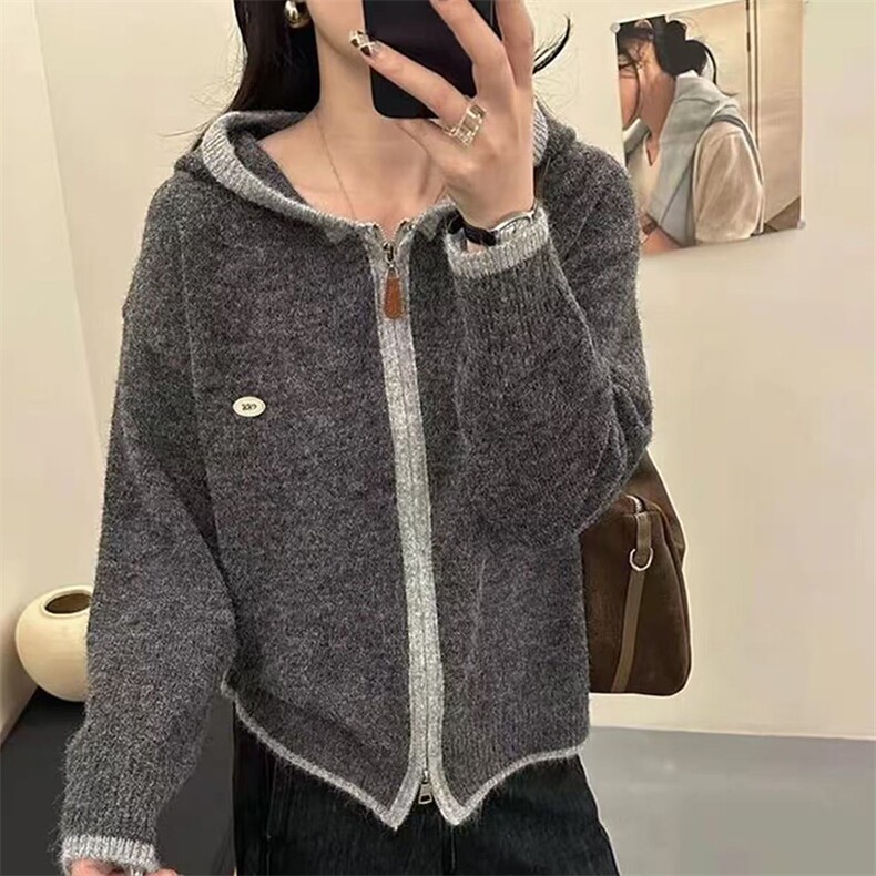 毛衣女极简风高领针织开衫女秋冬宽松大码毛衣外套短款上衣，女装针织衫/毛衣，暖姿羊绒