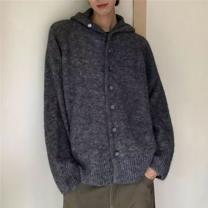 5620-P64复古毛织混纺毛衣拉链连帽开衫灰色慵懒松弛高级感,男装针织衫/毛衣,电商B323A