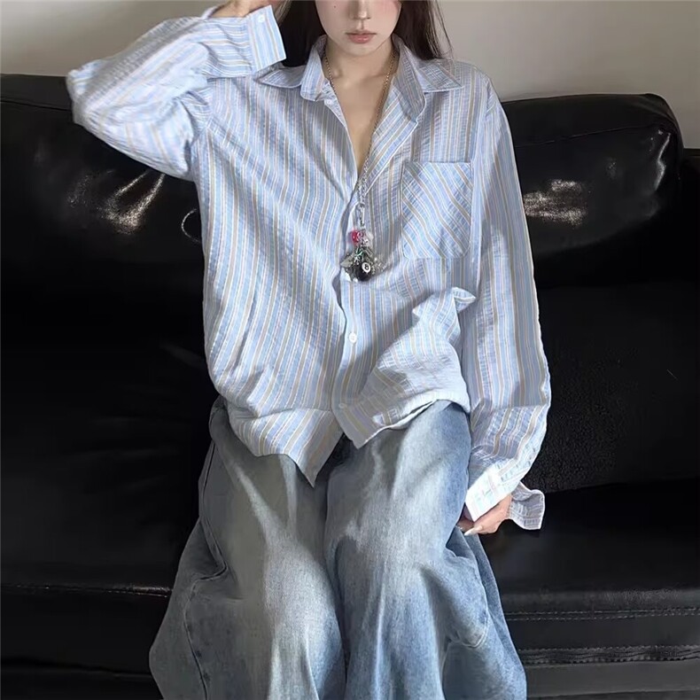 春季韩风休闲肌理感清爽不规则蓝条纹衬衫男长袖设计感垂感衬衣潮,男装衬衫,星座506A