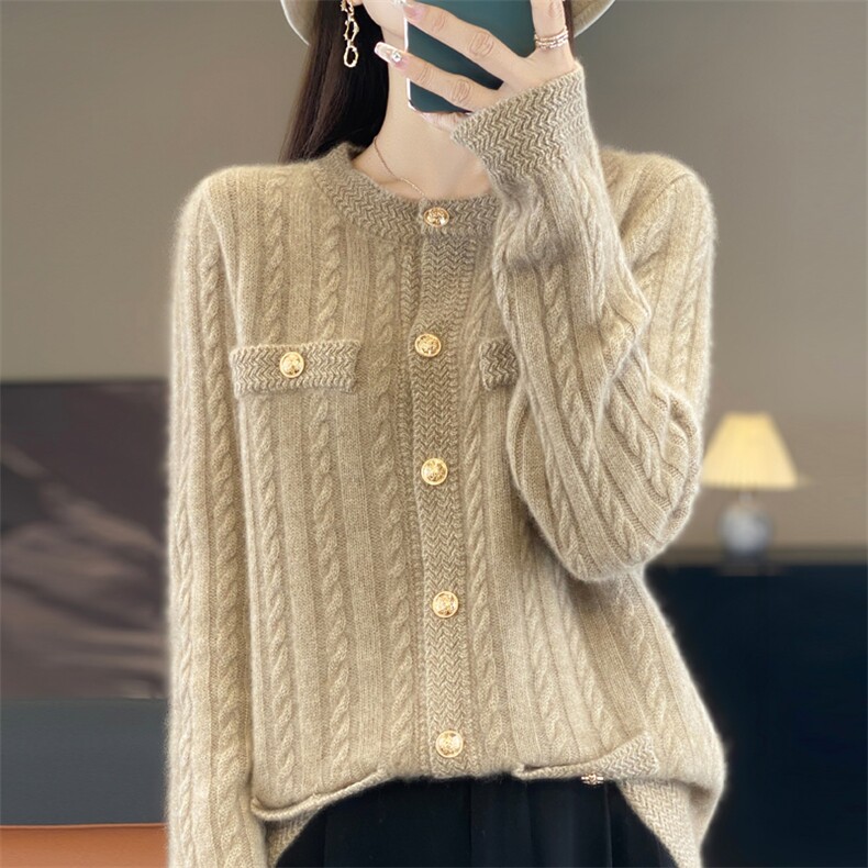 加厚小香风100%纯羊毛扭花外套毛衣女25新款保暖外搭针织打底毛衫,女装羊毛衫,昭美羊绒
