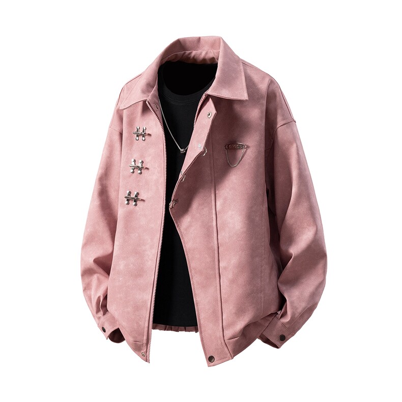 抖音148粉色铁扣链子设计情侣大码M-5XL夹克男77083P105，男装夹克，星座227-7