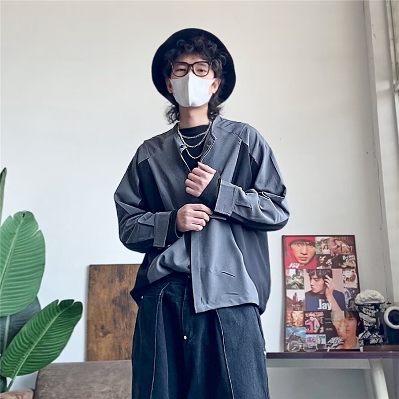 韩宽松潮流拼接撞色无领V领衬衫男士长袖上衣高级垂感免烫衬衣,男装衬衫,星座506A