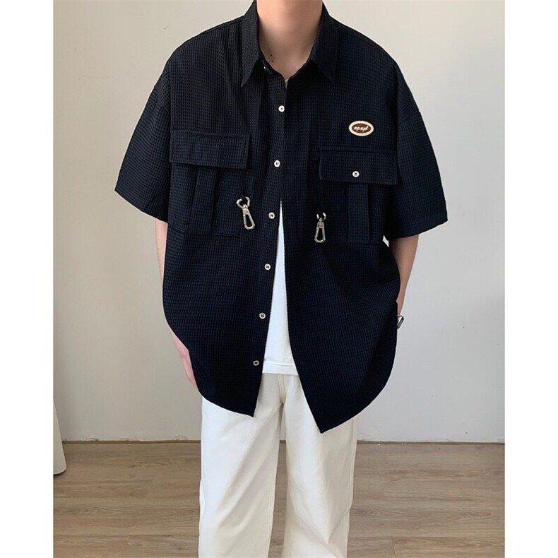 美式复古华夫格短袖衬衫女夏季古着学院风设计感小众开衫衬衣，男装衬衫，星座506A