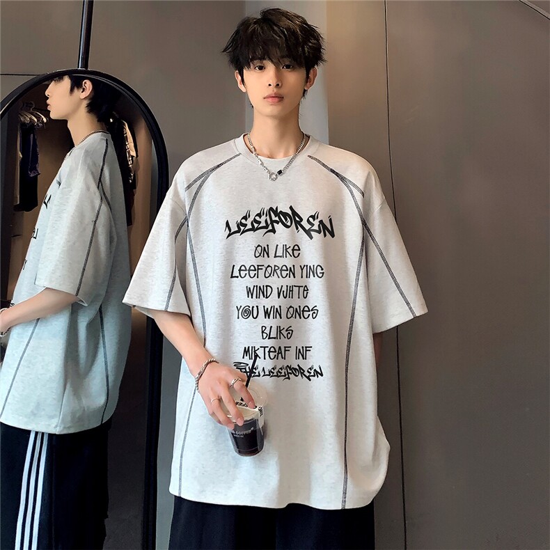 夏季新款明线高级痞帅时尚潮牌通勤印花设计感短袖T恤T368-P38，男装T恤，电商C307