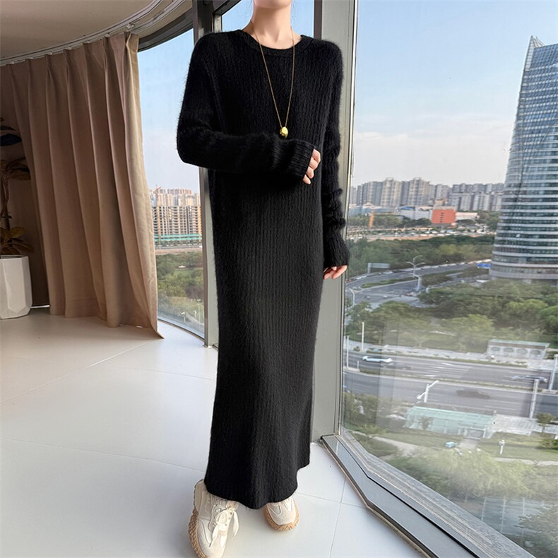 2025秋冬百搭时尚简约长袖圆领收腰针织连衣裙,女装连衣裙,冬贝尔貂绒