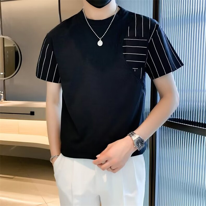 条纹短袖t恤男士夏季轻熟个性拼接透气纯棉半袖体恤上衣T562,男装T恤,星座1116A-2（原606A-1）