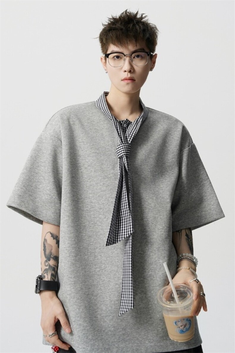 假两件拼接飘带韩系学院风短袖T恤上衣男polo衫812-PL18-P45,男装Polo衫,星座812