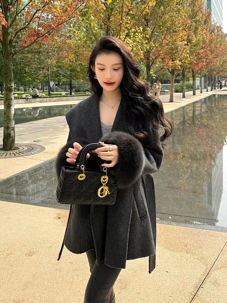 收腰毛呢外套女秋冬季长袖宽松高级感斗篷大衣,女装毛呢外套,宸诺服饰