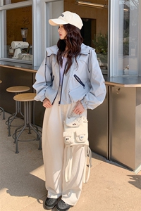 蓝色连帽冲锋衣外套女2025春秋季新款设计感休闲显瘦工装夹克上衣图片