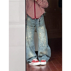 NZK83LL-特P53美式复古涂鸦牛仔裤男款宽松直筒阔腿裤，男装牛仔裤，星座1007（原301D）
