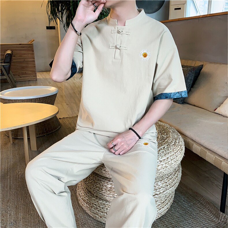 2021夏季新款风男装汉服棉麻印花短袖T桖九分裤两件套P70,男装休闲套装,星座217-4