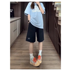 夏季刺绣运动短裤女宽松2025新款泡泡格休闲中裤美式速干五分裤子，男装牛仔裤，星座506A