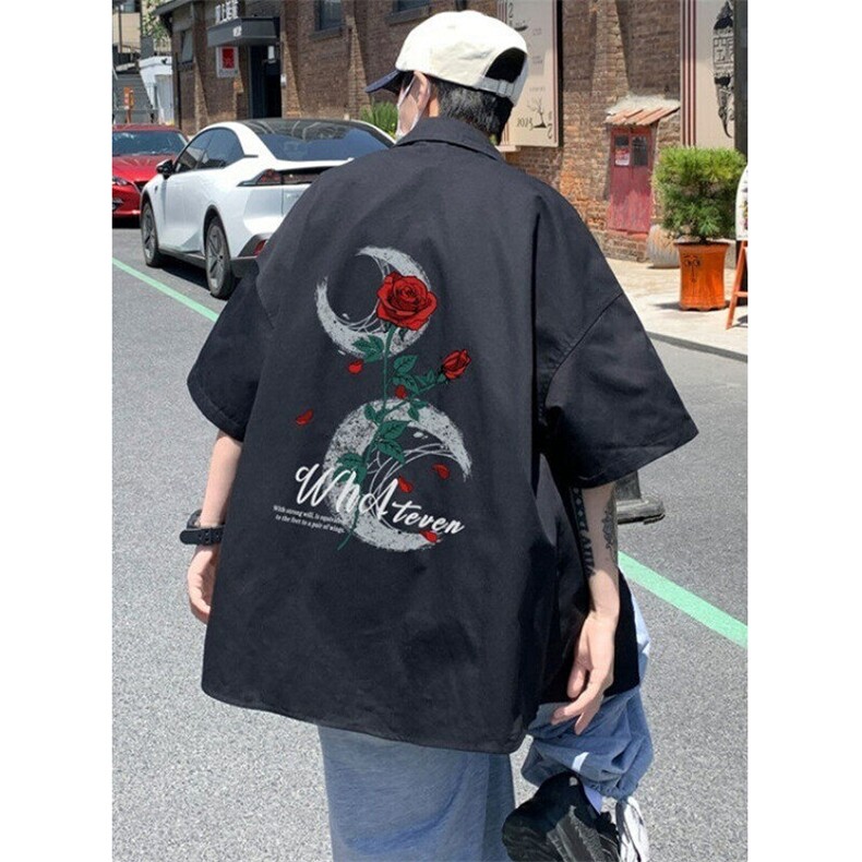 玫瑰花冰丝白色衬衫男士夏季帅气短袖五分袖衬衣外套 C9283图片