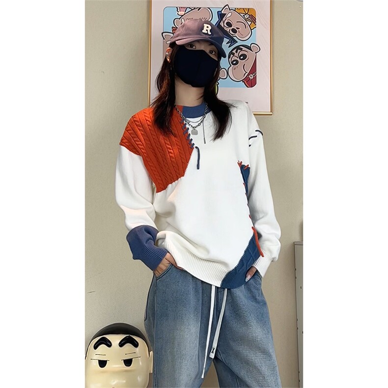 秋季新款拼接圆领毛衣男女宽松休闲百搭高级感上衣ZB7011-特价47，男装针织衫/毛衣，电商A007