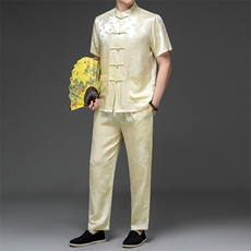 GBN-A19夏季风唐装桑波缎纯短袖爸爸装套装，男装T恤，电商B360