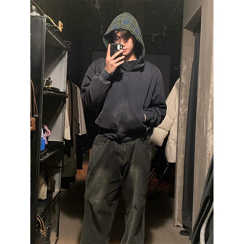 美式复古格子拼接连帽卫衣假两件开衫外套WY65特P56,女装短外套,星座908-1