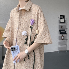 夏季法式小众肌理感衬衫短袖原创立体花朵衬衣多巴胺外套男CS531，男装衬衫，电商D206-1