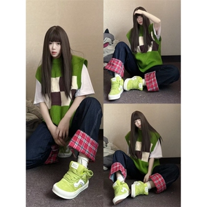 【有货】美式格子拼接卷边牛仔裤男女阔腿裤子高街NZ011HH-特P48,宋轶模仿时尚穿搭图片