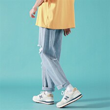 破洞牛仔裤男夏季宽松阔腿裤ins港风老爹裤潮流直筒裤NK478-p38图片