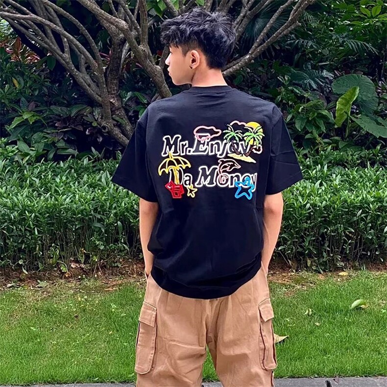 万针全刺绣工艺抖音得物高品质260克重磅纯棉双纱美式高街短袖T恤,男装T恤,电商A486