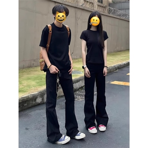 现货 情侣款黑色微喇提档版型显瘦牛仔裤男款春季cleanfit裤子潮图片