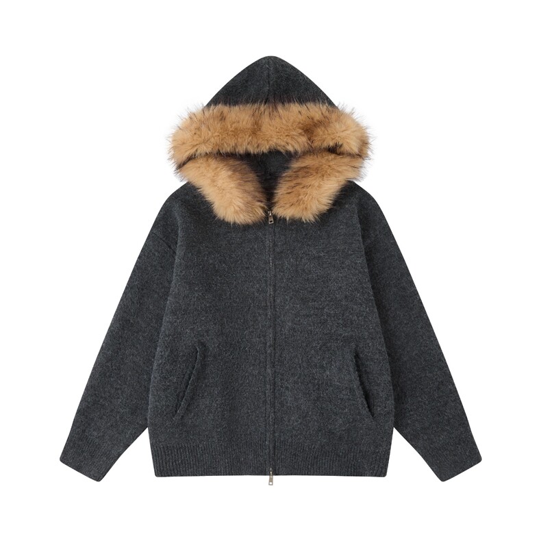 美式复古毛领连帽开衫毛衣男秋冬季高级感针织衫外套，男装针织衫/毛衣，星座506A