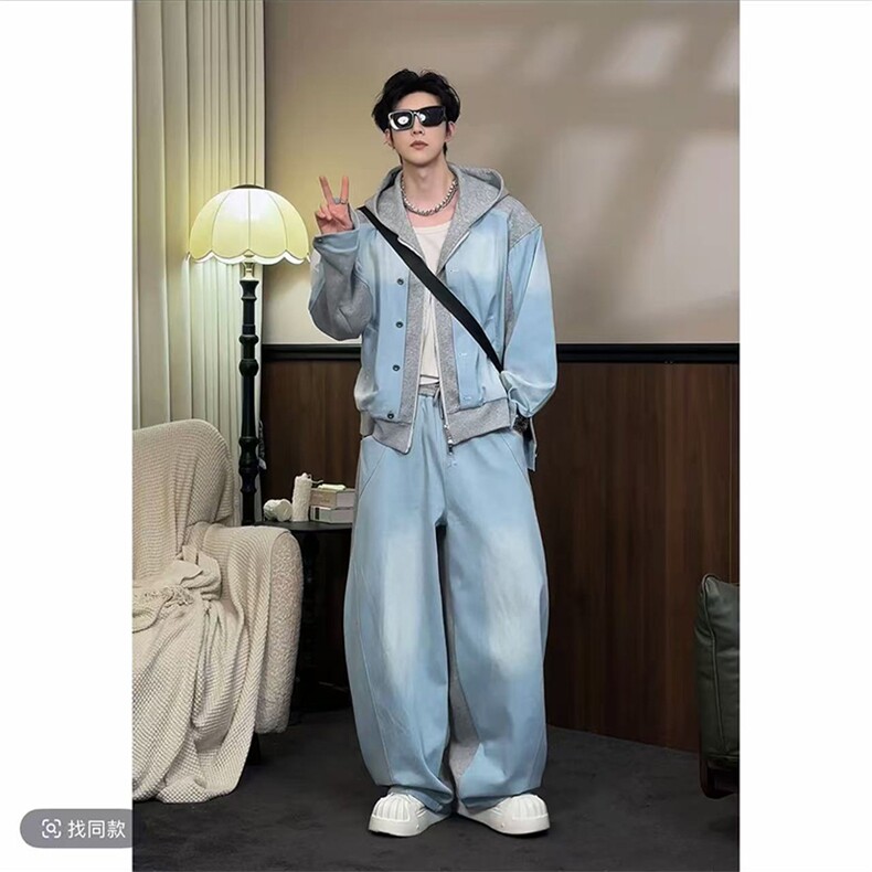 2026春款潮流牛仔拼接连帽夹克套装男W366-P153K366-P92(网图）,男装夹克,电商B267