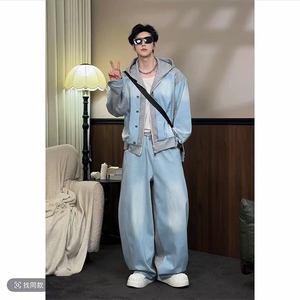 2026春款潮流牛仔拼接连帽夹克套装男W366-P153 K366-P92 (网图）图片