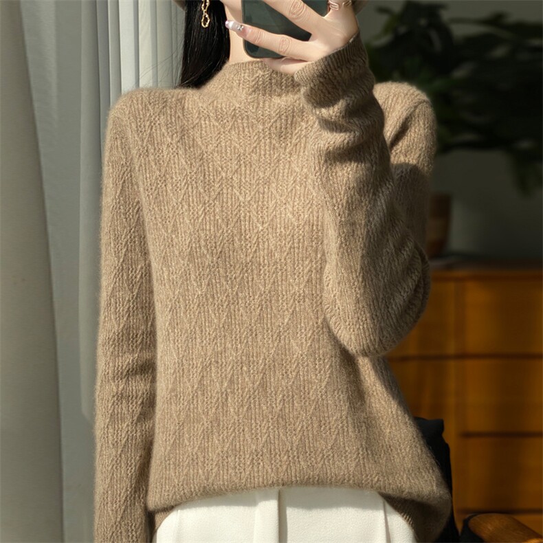 秋冬款半高领提花内搭女复古气质毛衣软糯纯羊毛针织打底保暖上衣,女装羊毛衫,昭美羊绒