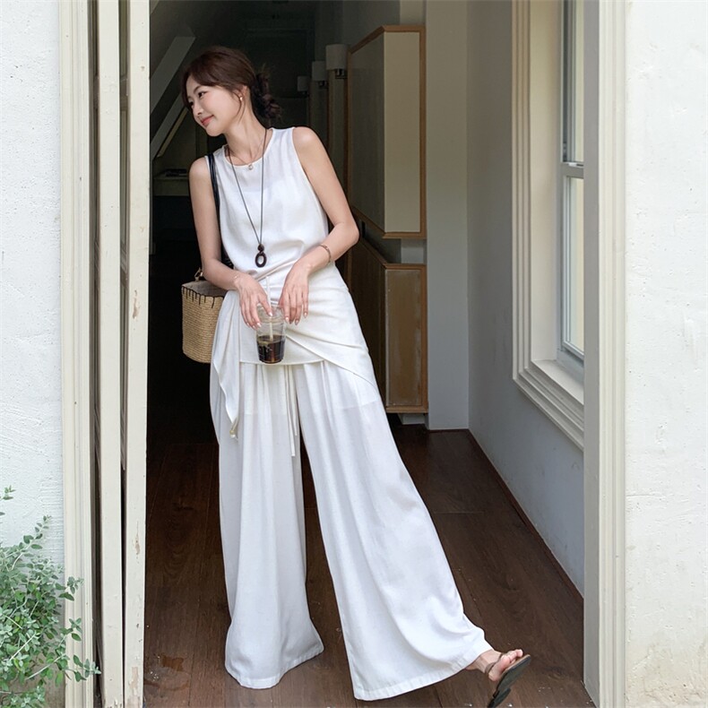 套装女新款流行无袖上衣阔腿裤巨好看的夏装三件套，女装套装/套裙，秀美人生
