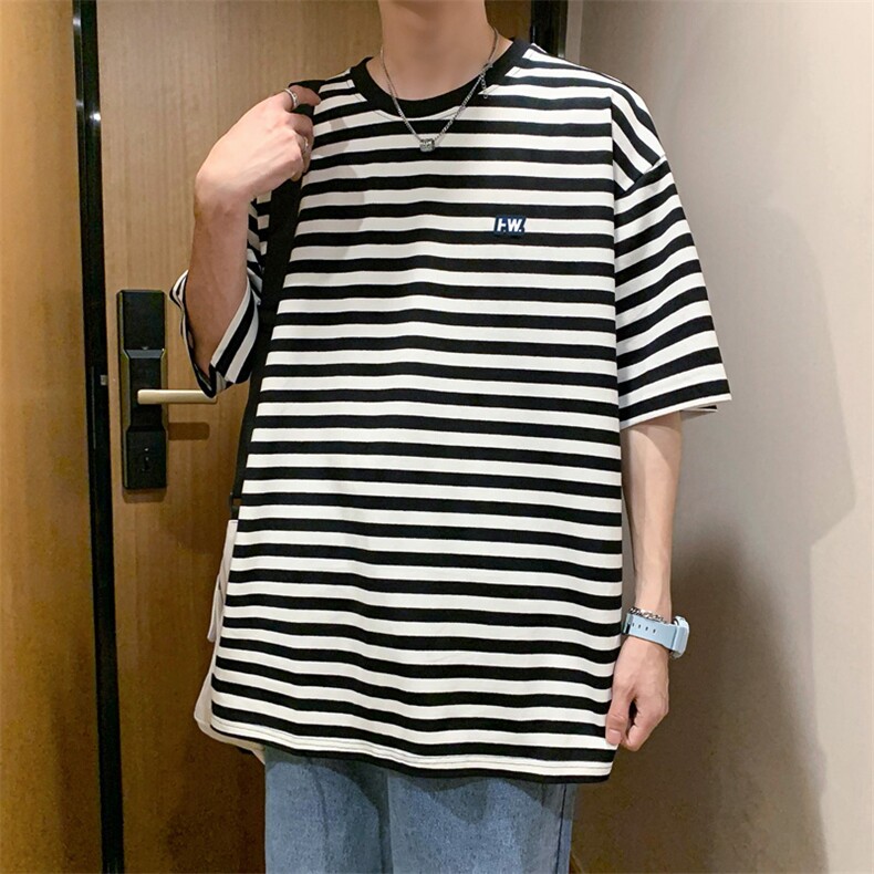 条纹男士短袖新款宽松简约原宿风百搭半袖ins港风衣服T641-P25,男装T恤,星座512-2