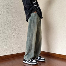 美式高街oversize水洗ins牛仔裤男女宽松阔腿直筒长裤子8328-p42，男装牛仔裤，星座1008