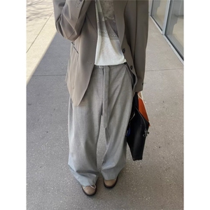 灰色阔腿卫裤女春秋2025新款高腰直筒垂感慵懒抽绳宽松休闲运动裤图片