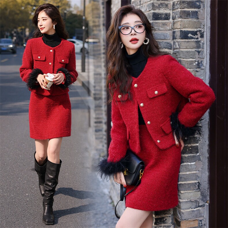 2023冬季新款小香风羽绒套装时尚显瘦红色外套+半身裙两件套气质优雅百搭款，女装套装/套裙，韩蜜菓
