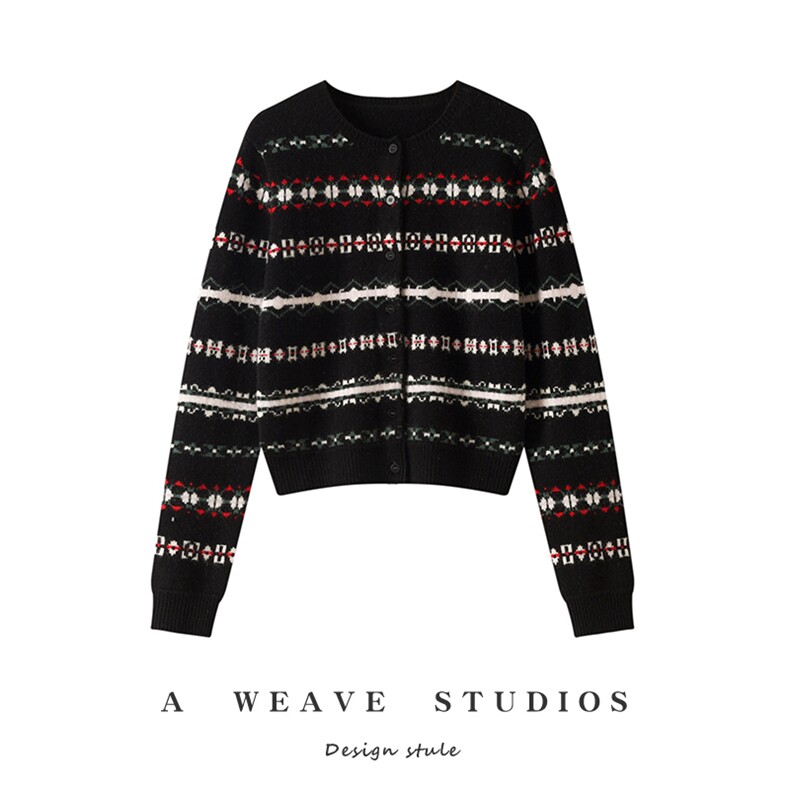 时尚女士多色提花羊绒衫35%羊绒秋冬保暖显瘦开衫，女装羊绒衫，戎魅羊绒