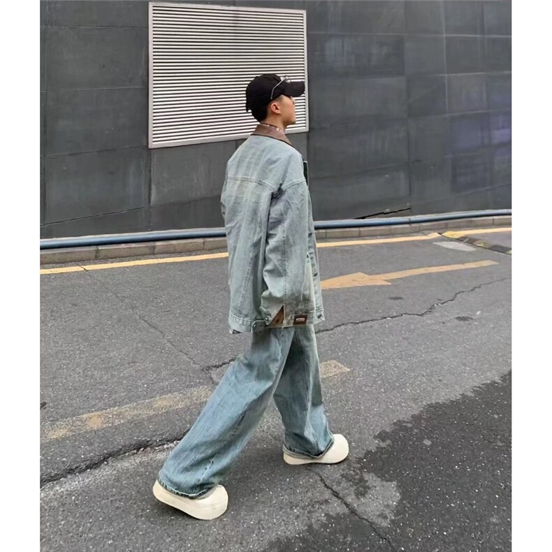 W533-P78复古pu皮拼接牛仔外套男女春秋冬街头宽松翻领工装夹克,男装工装外套,星座911-1