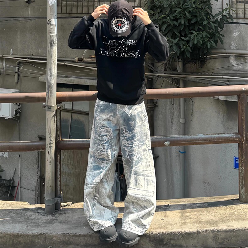 美式水洗3D印花设计牛仔裤男秋季复古百搭宽松直筒拖地裤子潮,男装牛仔裤,星座506A