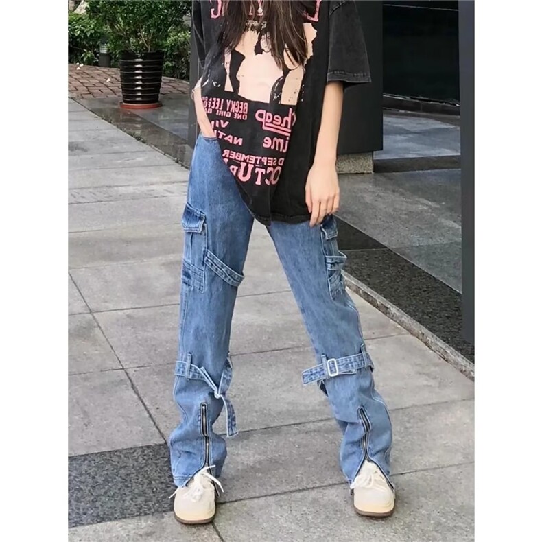 欧美hiphop裤子设计感高级感绑带开叉工装牛仔裤美式高街男拖地裤,男装牛仔裤,星座601-2