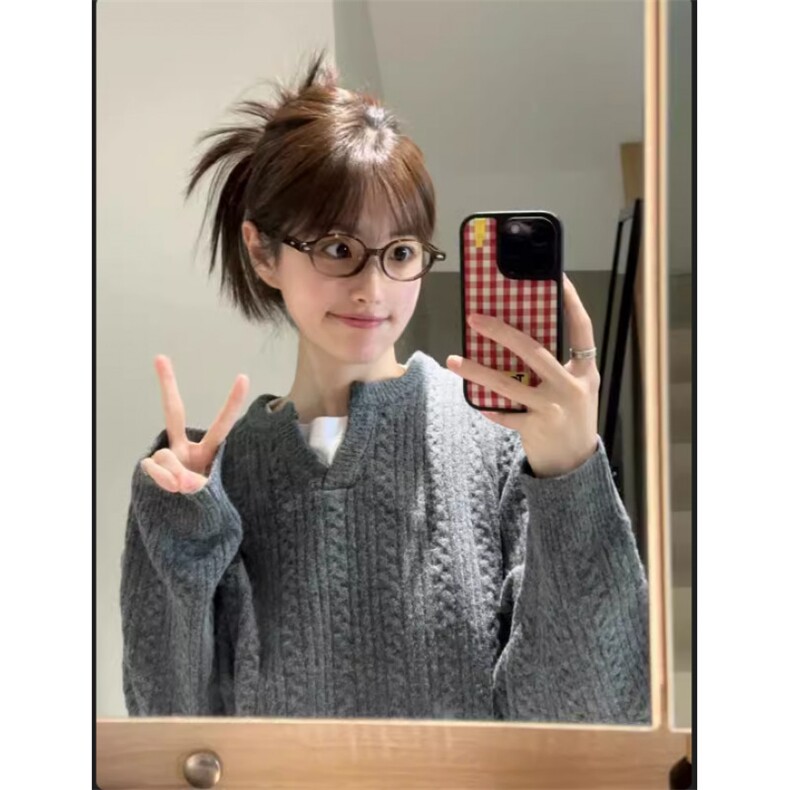 美式复古麻花设计感毛衣男女情侣慵懒高级感亨利领宽松套头针织衫,男装针织衫/毛衣,星座506A