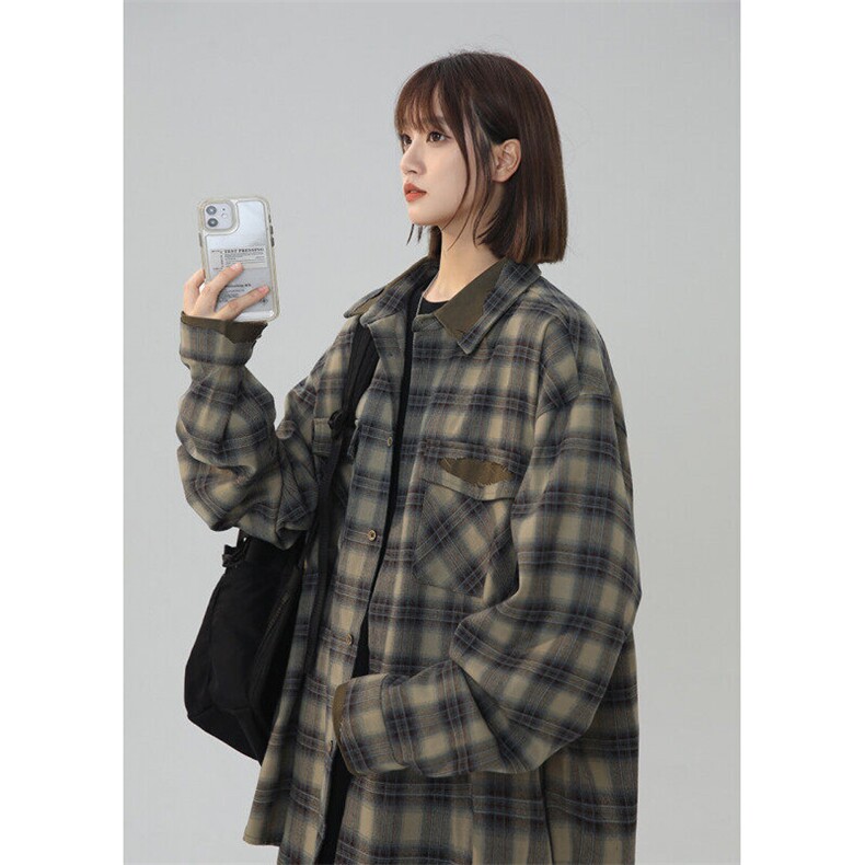 XZ301A C902美式复古拼接撞色设计感秋季格子衬衫潮牌外套P65控88图片