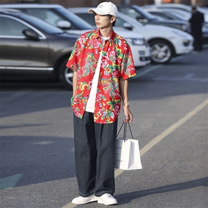 DC203男女中性风东北大花短袖衬衫衬衣外套民族风汉服团队服图片