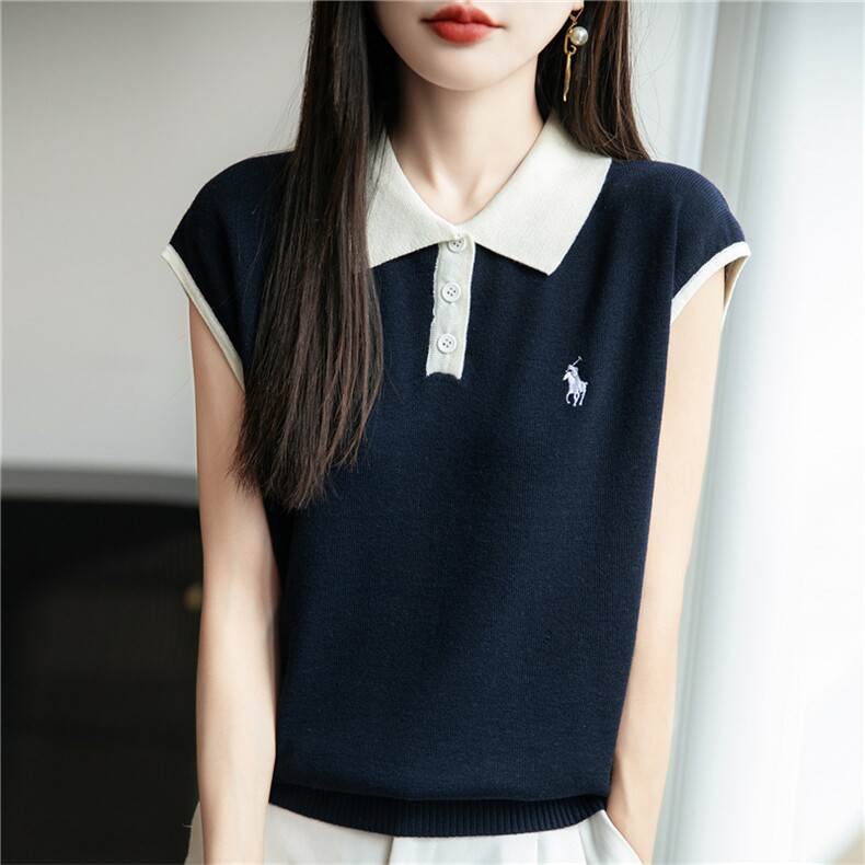25夏季精纺羊毛针织短袖女POLO领拼色小马刺绣上衣宽松T恤打底衫,女装T恤,菲奥羊绒