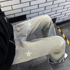 牛仔裤男士高街复古做旧直筒长裤ins港风潮牌N0701-P45，男装牛仔裤，星座308B-1