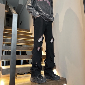 美式复古破洞微喇叭牛仔裤男潮牌高街直筒显瘦宽松裤子N0979-P45图片