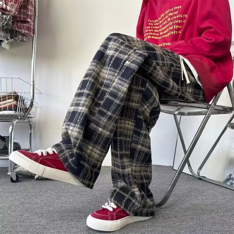 毛呢加绒格子裤女秋冬加绒加厚小个子直筒阔腿裤百搭高腰休闲卫裤,男装休闲裤,星座1013