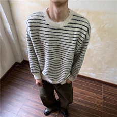 秋冬复古季慵懒撞色条纹软糯毛衣男女中性潮牌百搭圆领情侣针织衫，男装针织衫/毛衣，星座506A