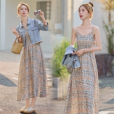 摩登风暴同款2025夏季新款勾花罩衫外套吊带连衣裙复古印花两件套，女装套装/套裙，曼娅璐