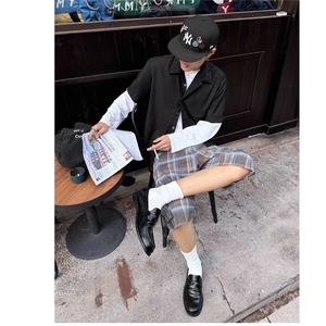 夏季薄款五分休闲短裤男士修身直筒格子印花外穿透气中裤男款图片
