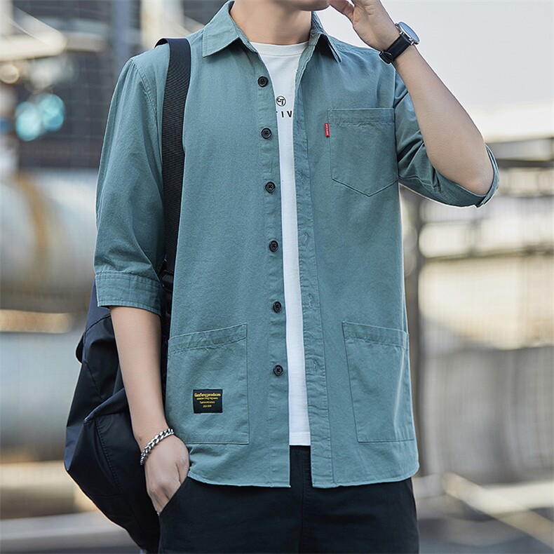 纯棉衬衣男春秋季新款纯棉工装翻领休闲时尚中袖夏季衬衫，男装衬衫，星座102C-1(原星座100)