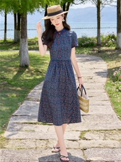 田园风斜领碎花刺绣连衣裙女春夏收腰显瘦中长裙（细节图颜色为），女装连衣裙，水衣源